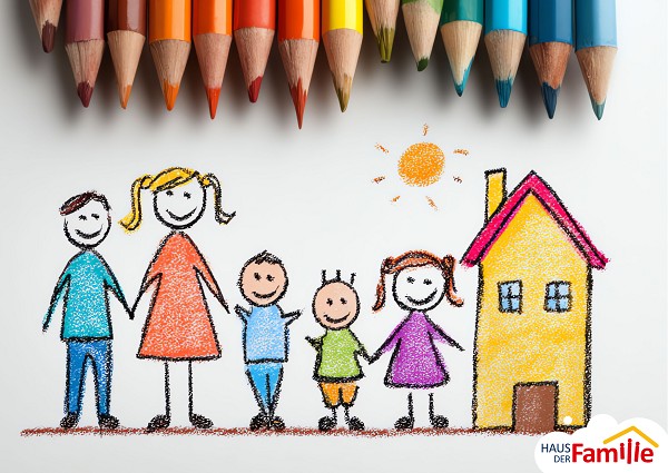 Mit Buntstiften gezeichnete Familie, bestehend aus Vater, Mutter und drei Kinder neben einem Haus.