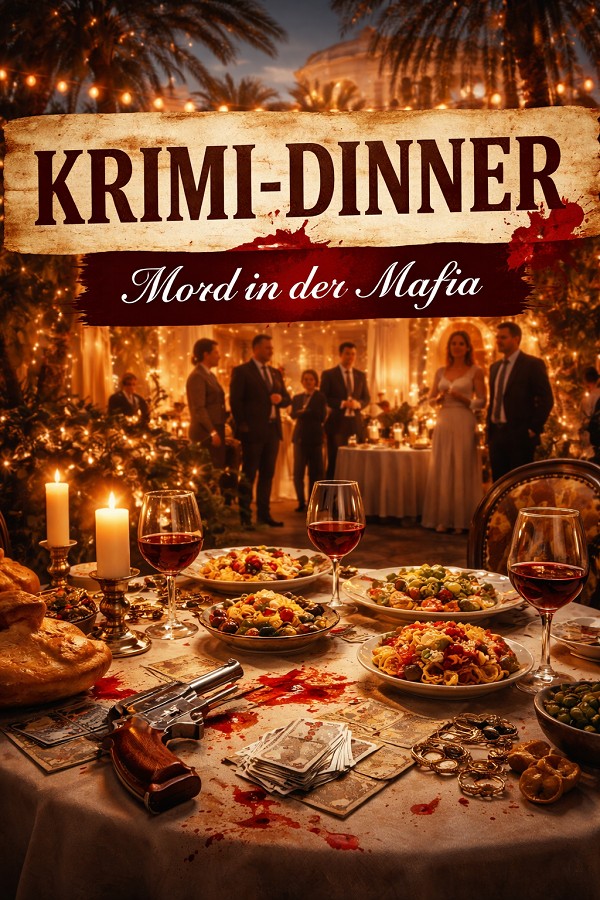 Krimi Dinner. Mord in der Mafia. Tisch mit Geld, Waffen Blut und Essen und Wein. Im Hintergrund sind Menschen zu sehen die ein Fest feiern.