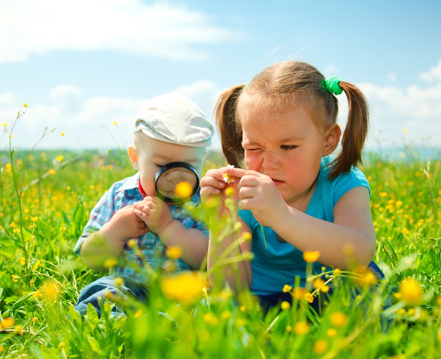 Zwei Kinder in einer Blumenwiese untersuchen mit einer Lupe die Natur
